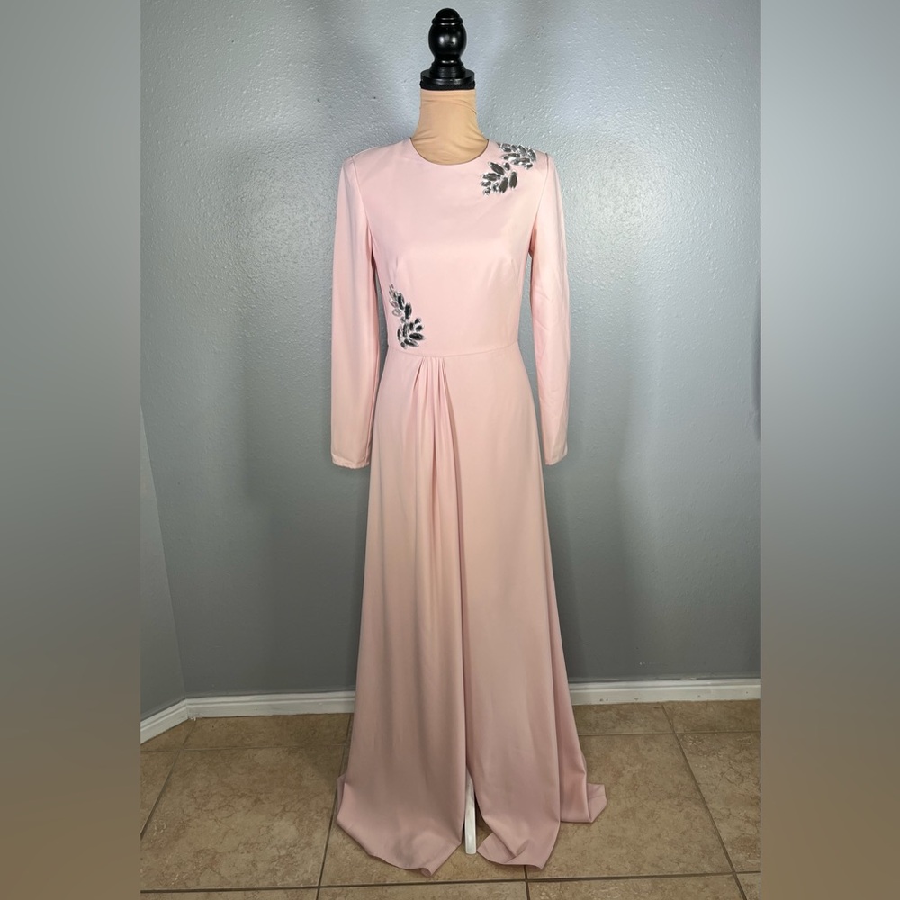 Kay Unger Blush Pink Long Sleeve Embellished Maxi Dress - Picture 2 of 13